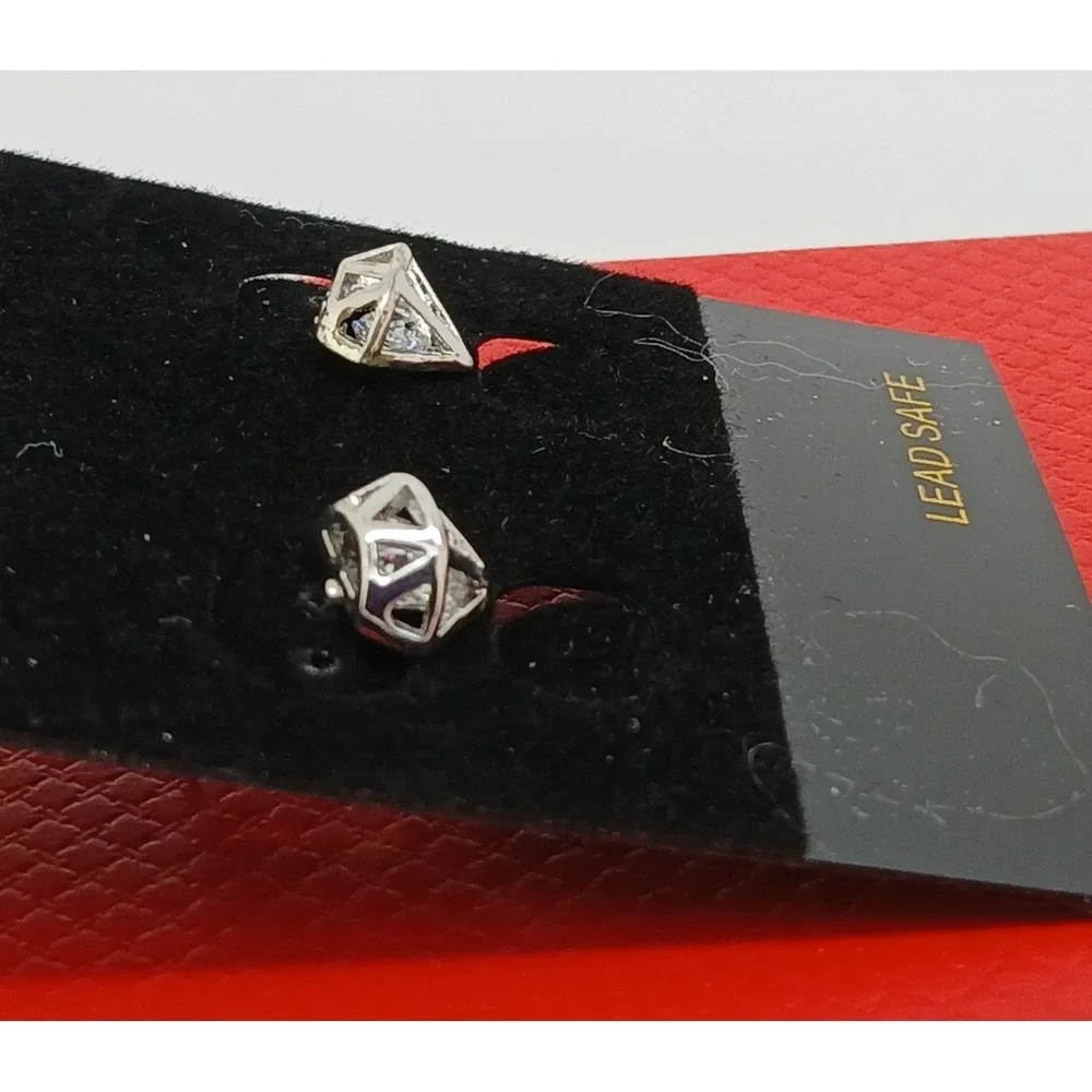 Vintage‎ 90s Silver Tone Geometric Diamond Cage Stud Earrings Clear Stone New